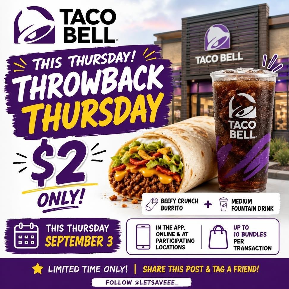 타코벨 Throwback Thursday 프로모션 ($2 부리또 & 음료 세트)