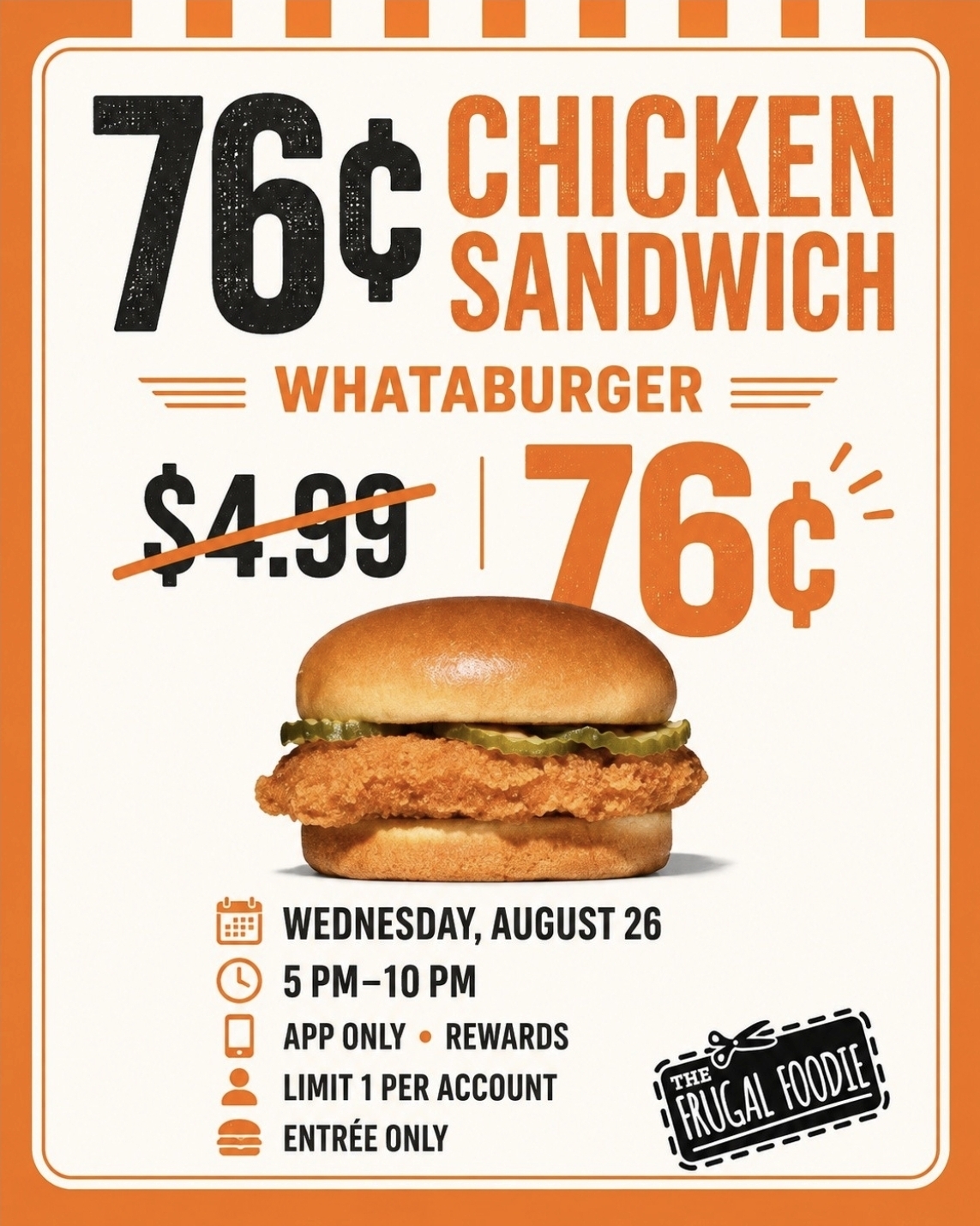 왓어버거(Whataburger) 치킨 샌드위치 76센트 할인 행사