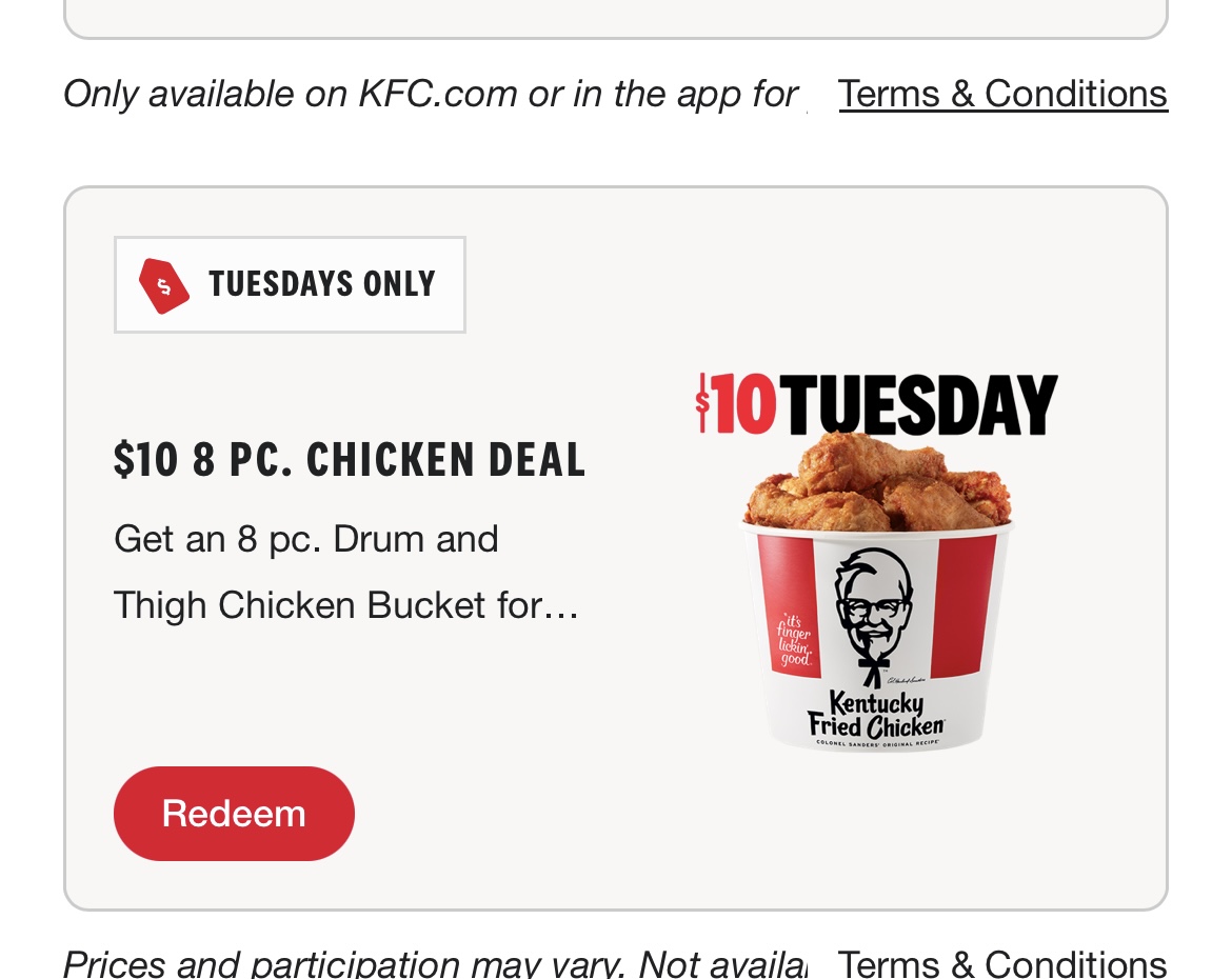 KFC 화요일 한정 8조각 치킨 버킷 $10 할인 딜